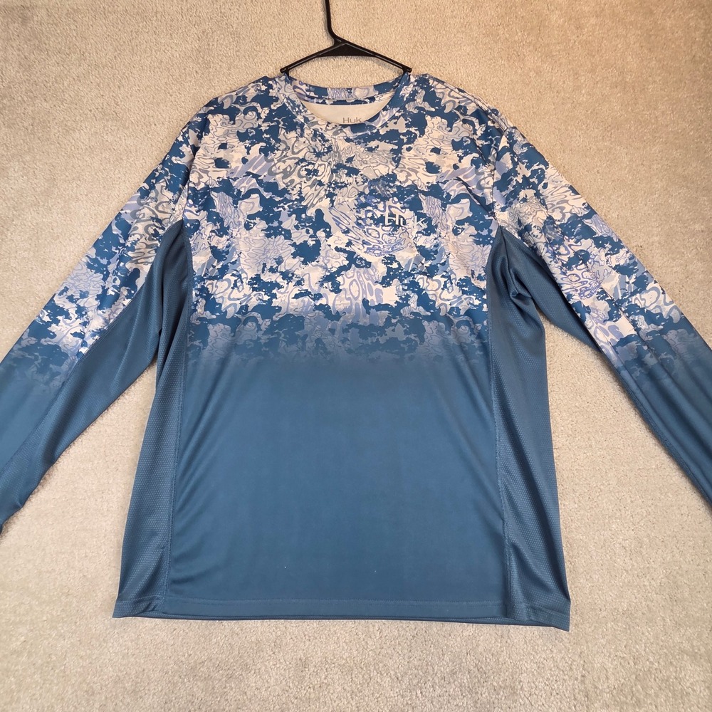 Huk Pursuit Fishing Shirt Mens Large Blue Camo Long Sleeve Performance Mesh Tee